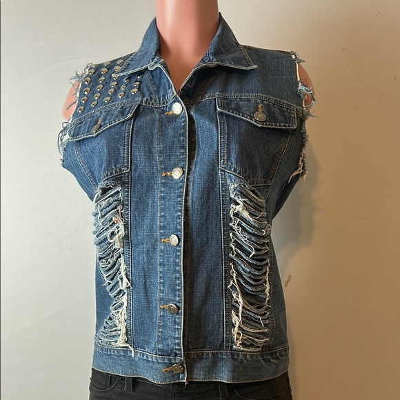 Stubborn Jeans Women’ Ripped Top Shirt Jacket Sleeveless Patch Work - Picture 8 of 12